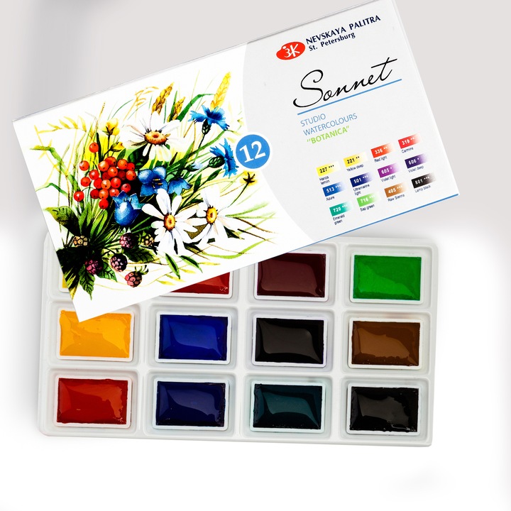 Акварелни бои Невская Палитра Сонет, 12 цвята BOTANICA