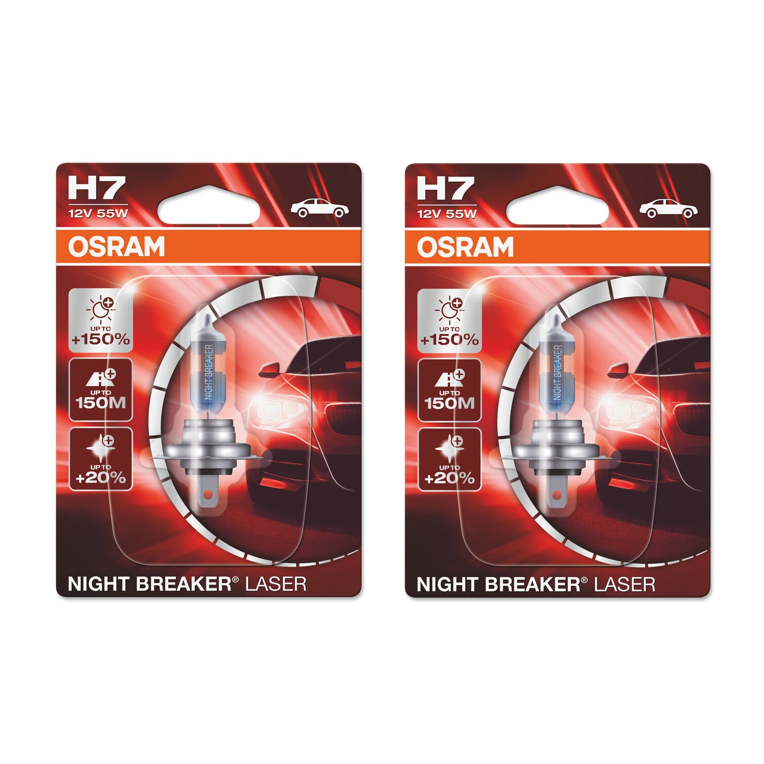 Комплект халогенни крушки за фар Osram H7 Night Breaker Laser +150%, 55W,  12V, PX26D,2бр. 