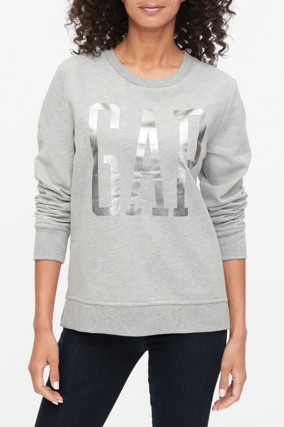 GAP, Bluza sport cu imprimeu logo si decolteu la baza gatului, Gri deschis melange/Argintiu