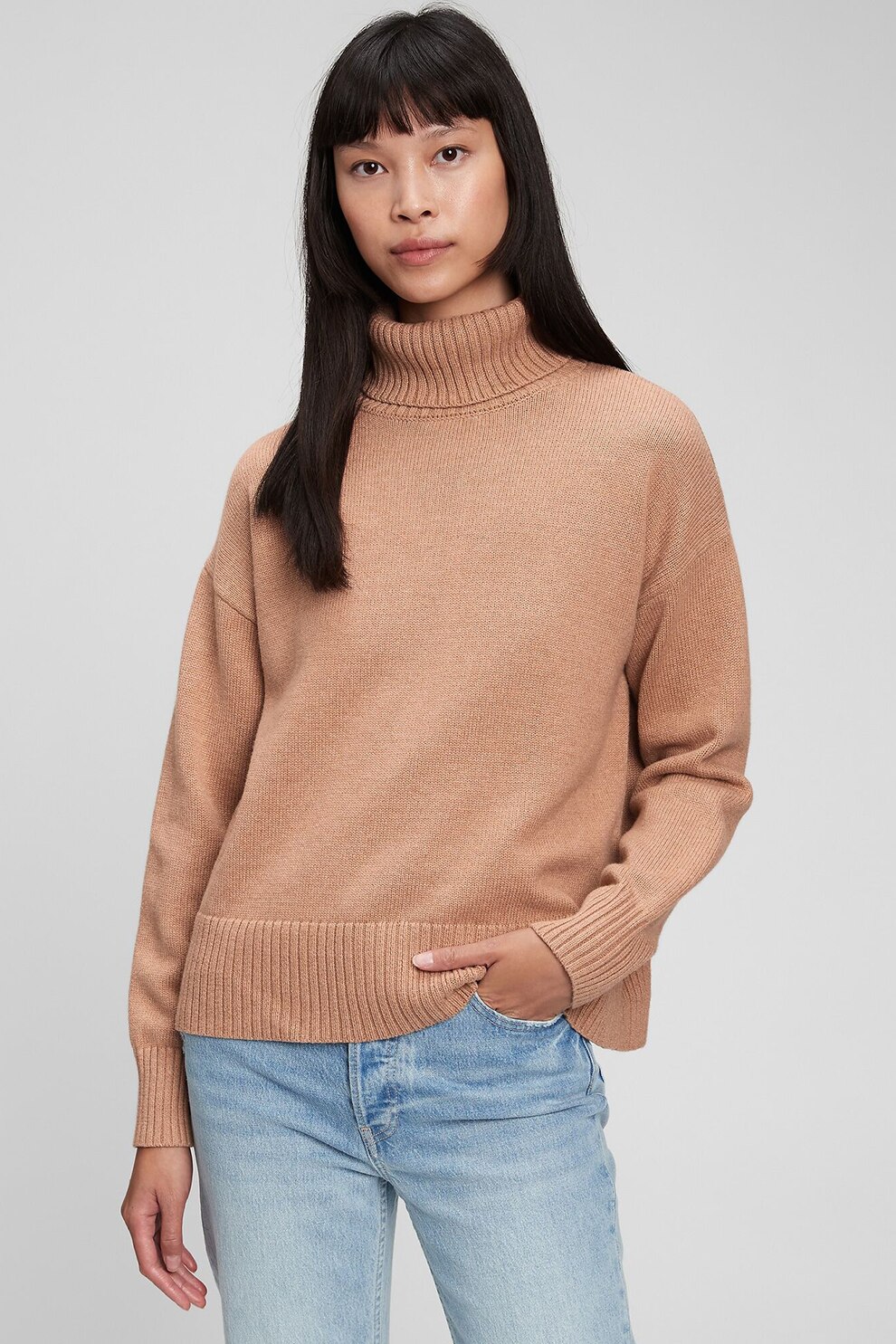 GAP, Pulover cu guler inalt si terminatii striate, Cafeniu, 2XL