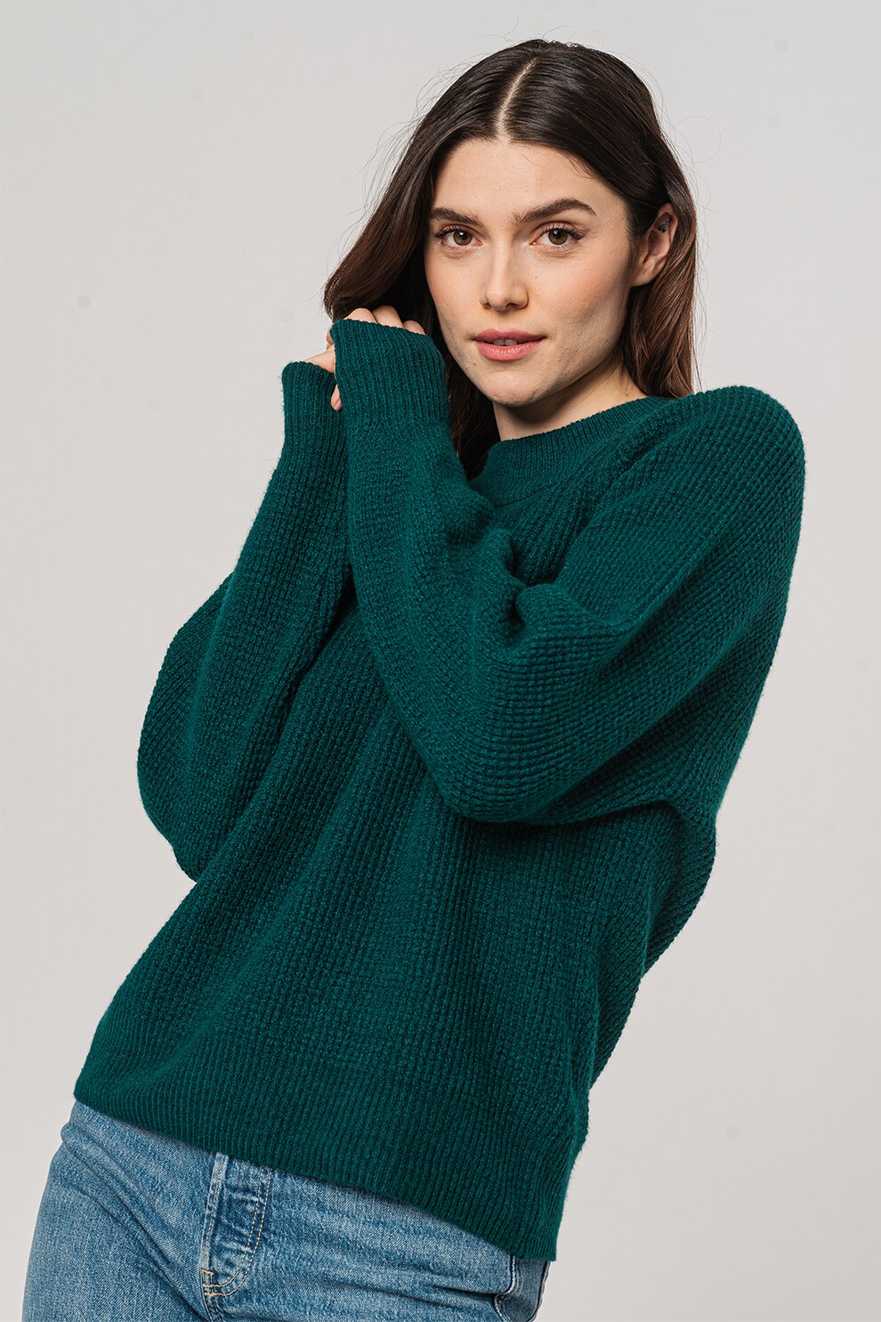 GAP, Pulover cu decolteu la baza gatului si aspect texturat, Verde englez