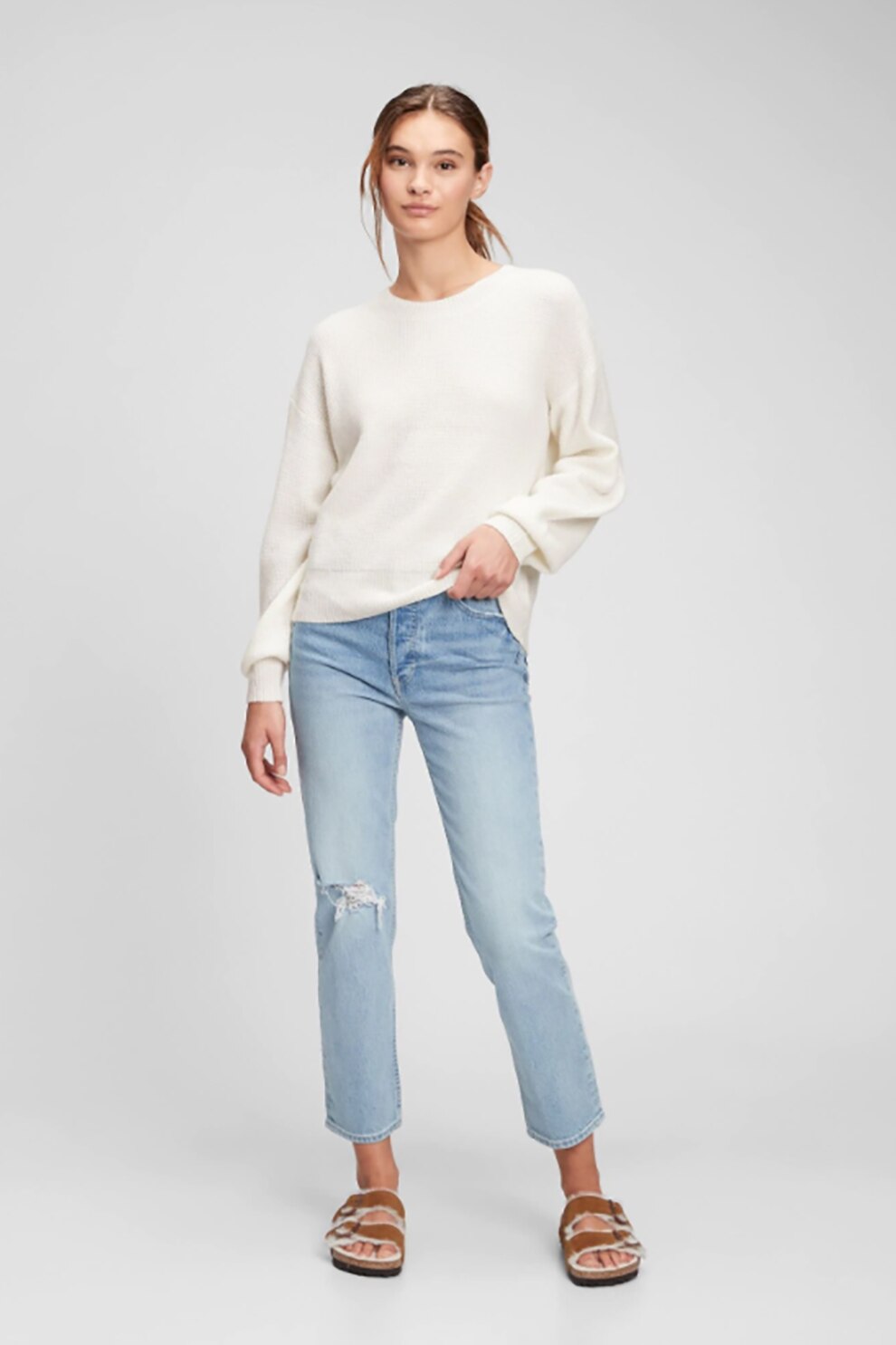 GAP, Pulover cu maneci cazute si decolteu la baza gatului, Alb