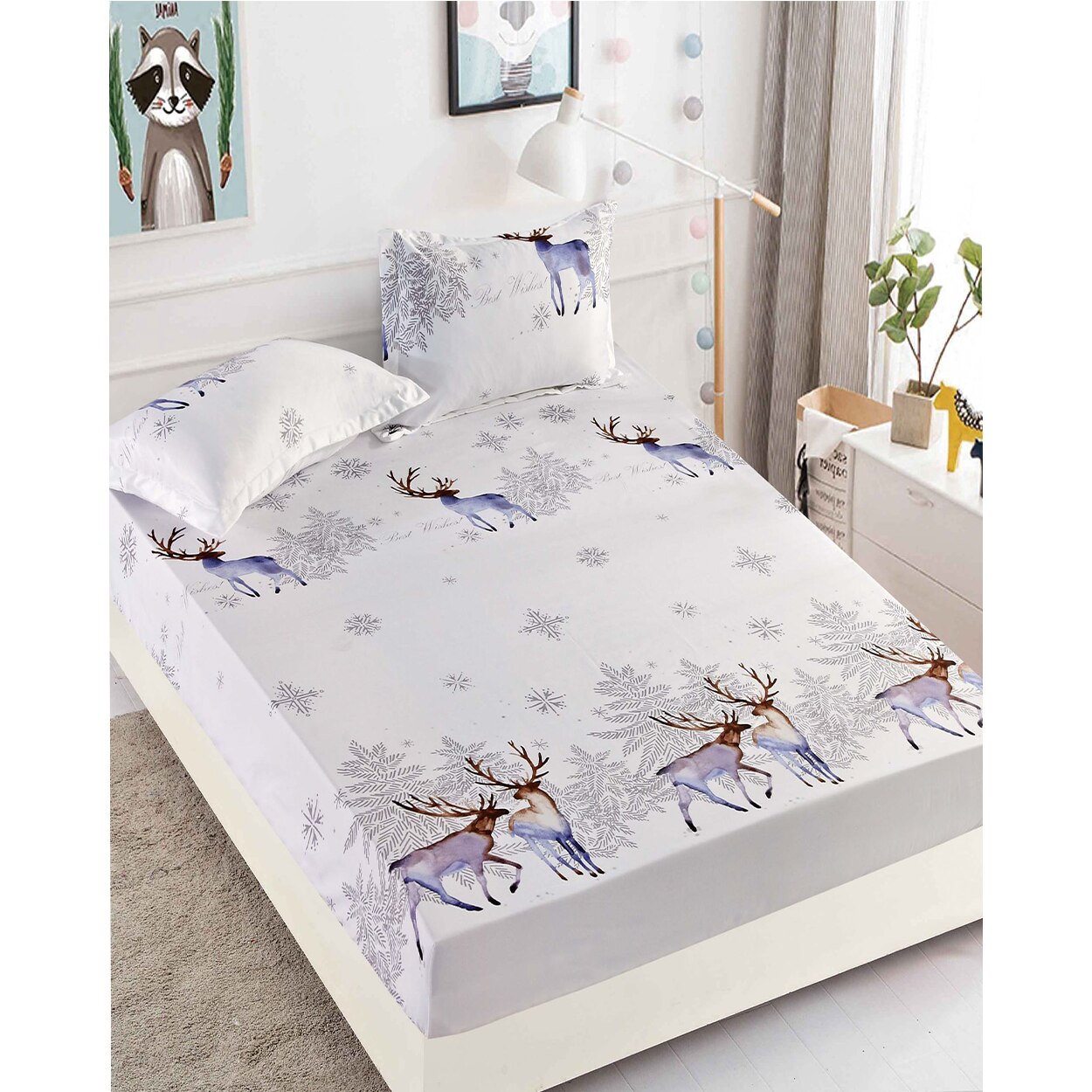 Husa de Pat cu Elastic si 2 Fete de Perna pentru Pat Dublu, Renii Mosului, HBFC-21