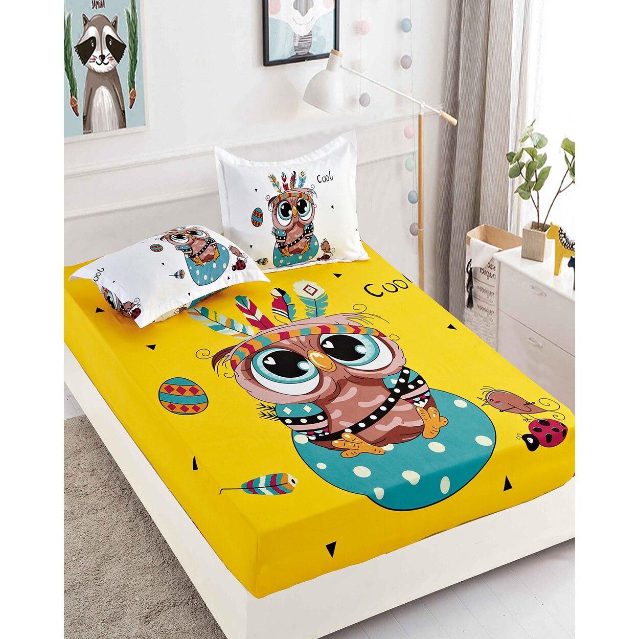 Husa de Pat cu Elastic si 2 Fete de Perna pentru Pat Dublu, Yellow Owl, HBF 145