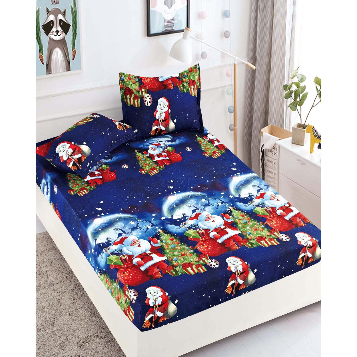 Husa de Pat cu Elastic si 2 Fete de Perna pentru Pat Dublu, Merry Christmas, HBFC-20
