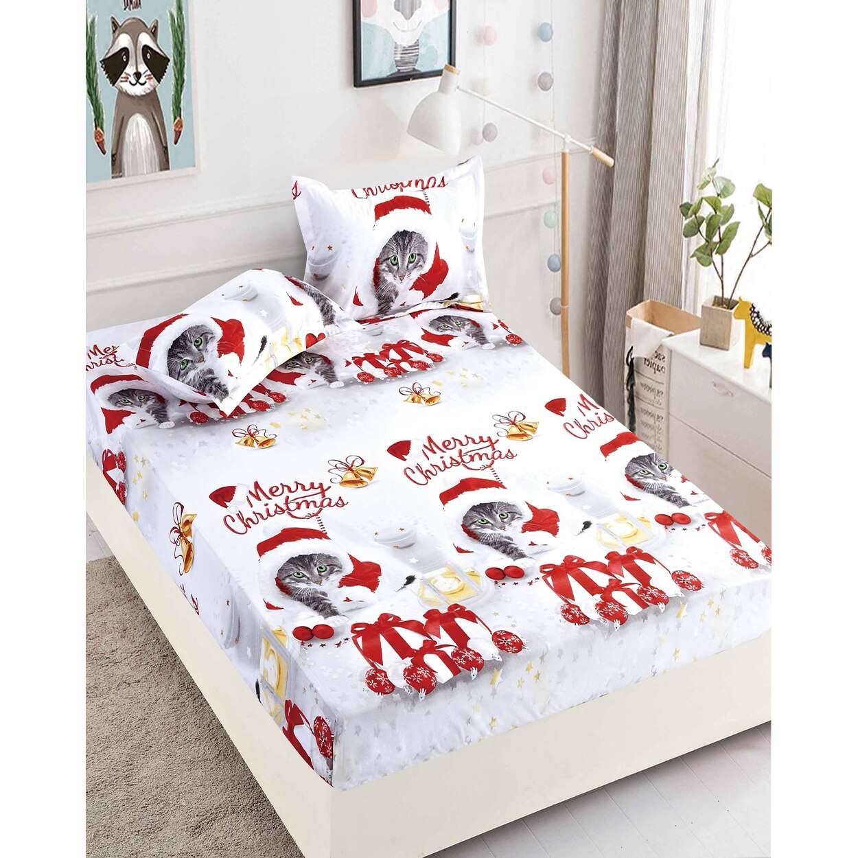 Husa de Pat cu Elastic si 2 Fete de Perna pentru Pat Dublu, Christamas Cat, HBFC 18