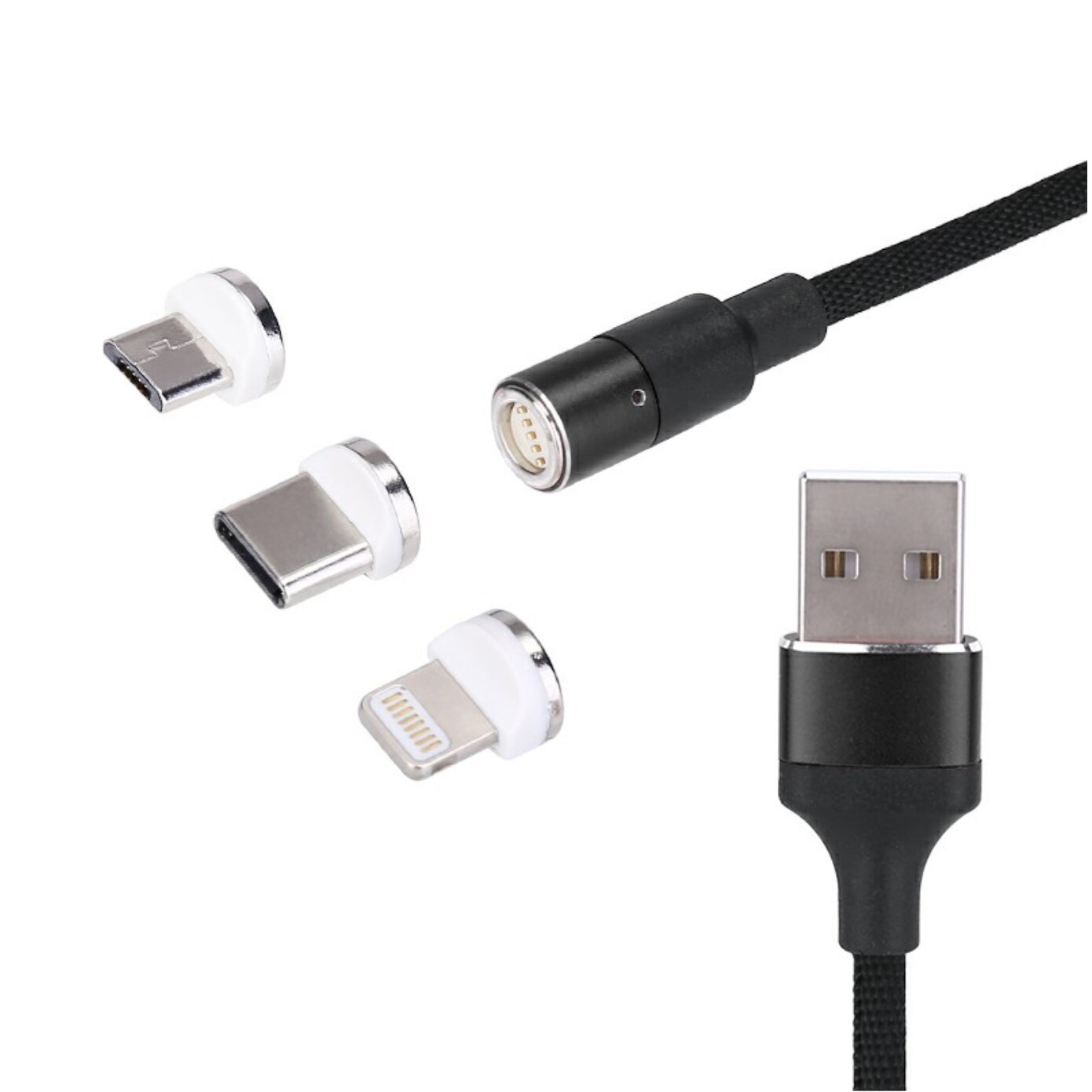 Cablu de incarcare 3 in 1 Micro USB, Type-C, Lightning 1m, textil, Negru