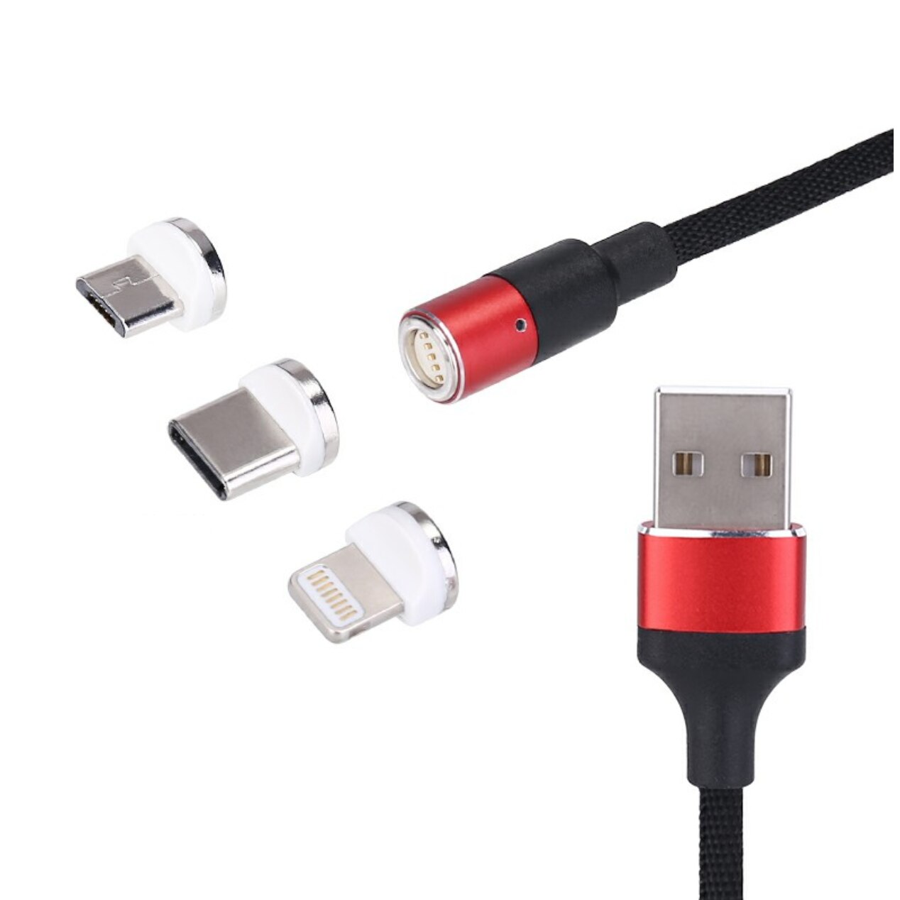 Cablu de incarcare 3 in 1 Micro USB, Type-C, Lightning 1m, textil, Rosu