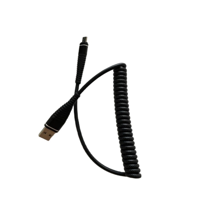 Micro USB спирален кабел за зареждане за Android устройства, дължина 1,2 метра, черен