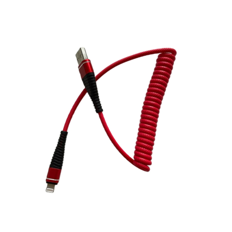Cablu de incarcare spiralat Lightning pentru iPhone, iPod, iPad, lungime 1.2 metri, Rosu