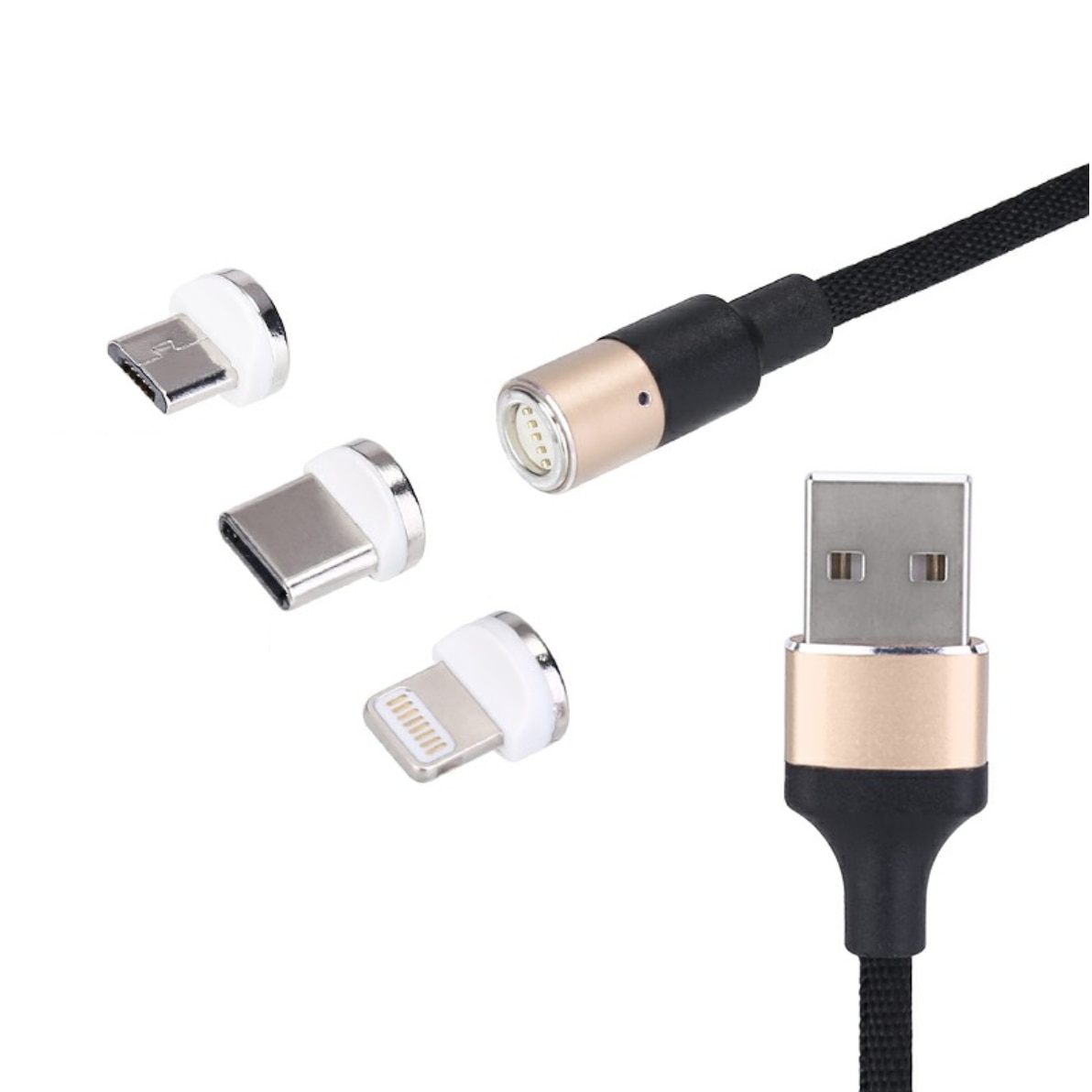 Cablu de incarcare 3 in 1 Micro USB, Type-C, Lightning 1m, textil, Auriu
