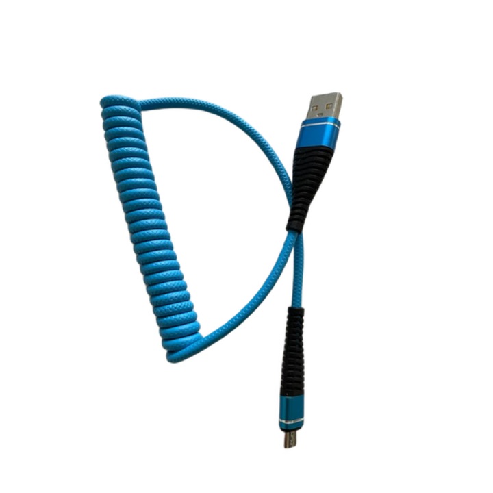 Cablu de incarcare spiralat Micro USB pentru dispozitivele cu Android, lungime 1.2 metru, Albastru