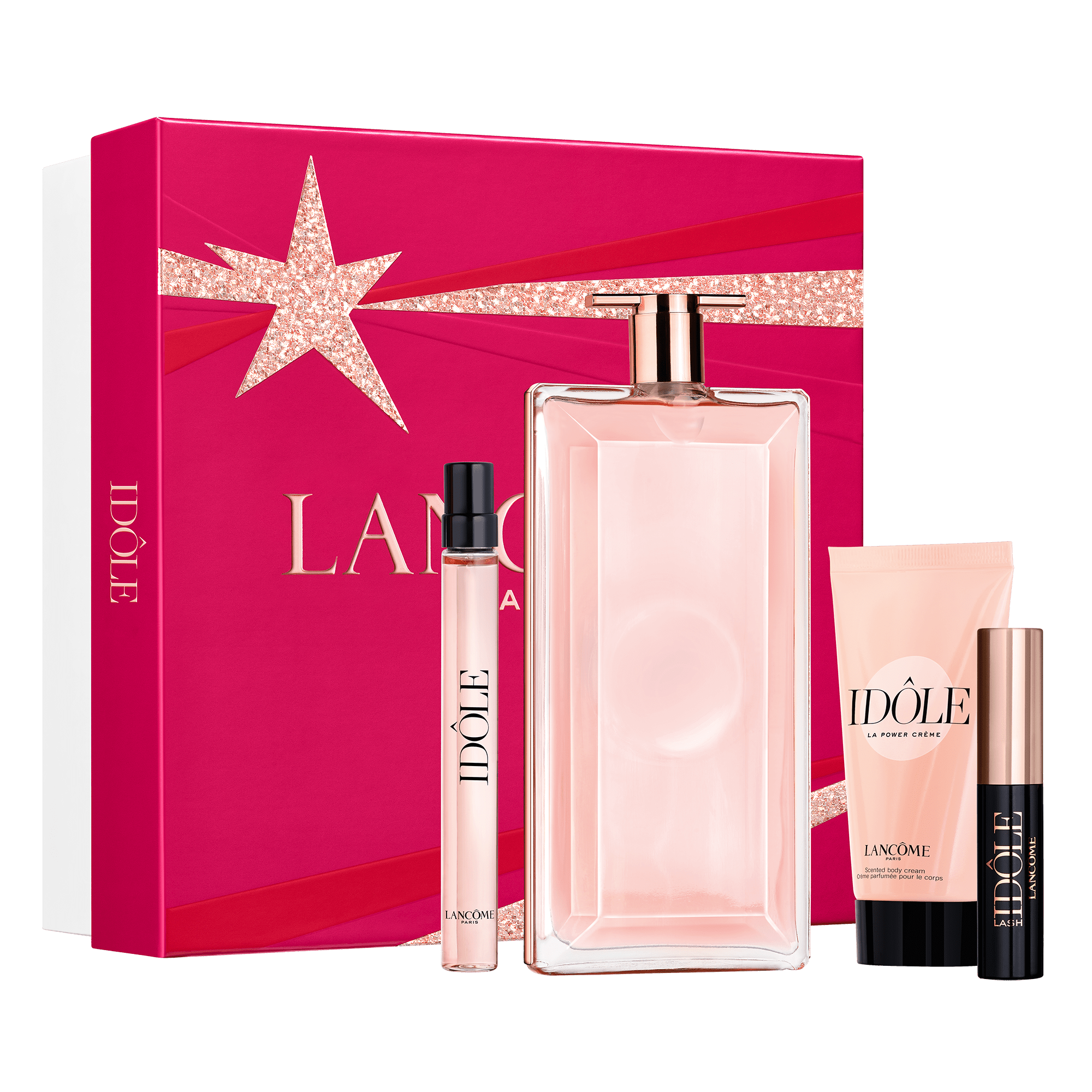 Set apa de parfum Lancome Idole 100 ml, mini apa de parfum 10 ml, lotiune pentru corp 50 ml, mini mascara