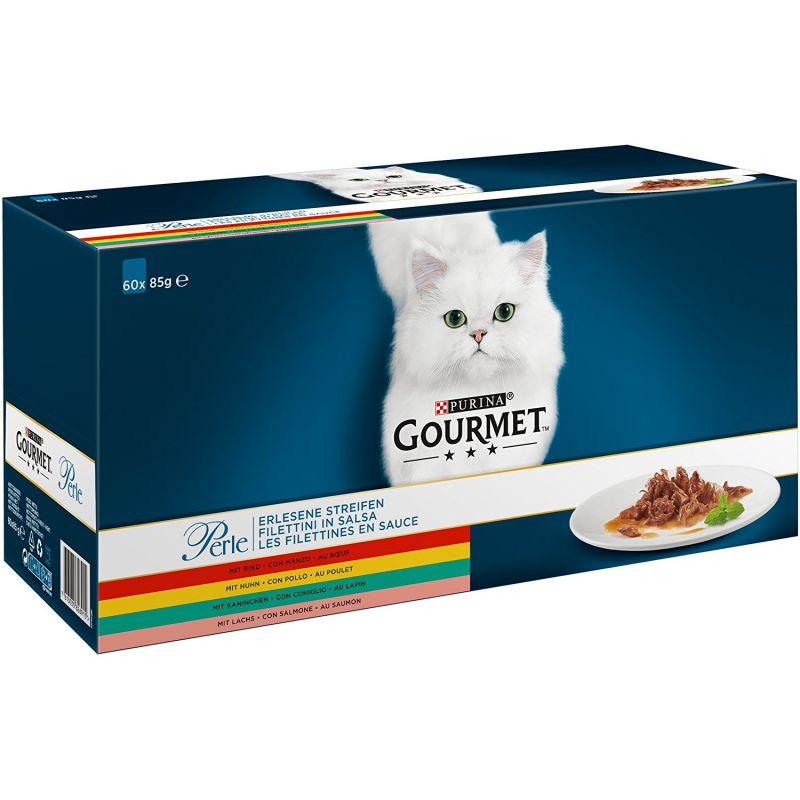Hrana umeda pentru pisici Gourmet Perle, Mini Fileuri, Pui, Vita, Somon & Iepure set 24 x 85g