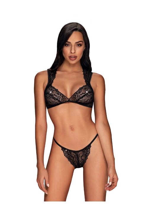 Set Sexy Elisetta, alcatuit din sutien si chilotei tanga, Negru, S-M