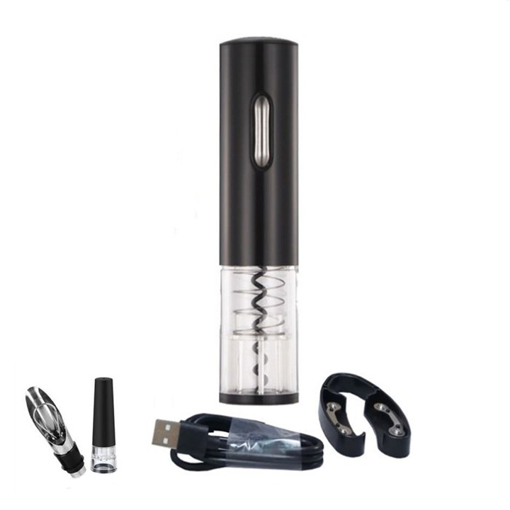 Tirbuson vin electric Flyme, reincarcabil, accesoriu taiat folie, aerator, dop pompa vid, full automat, Negru