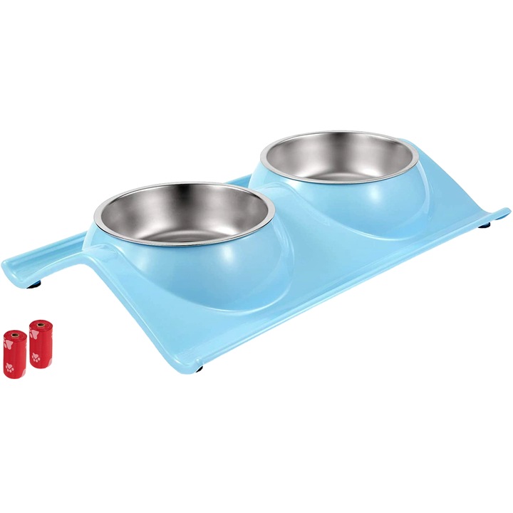 Set Castron Hranire cu 2 Boluri de Inox FizioTab® si 2 Pungi Igienice – Albastru