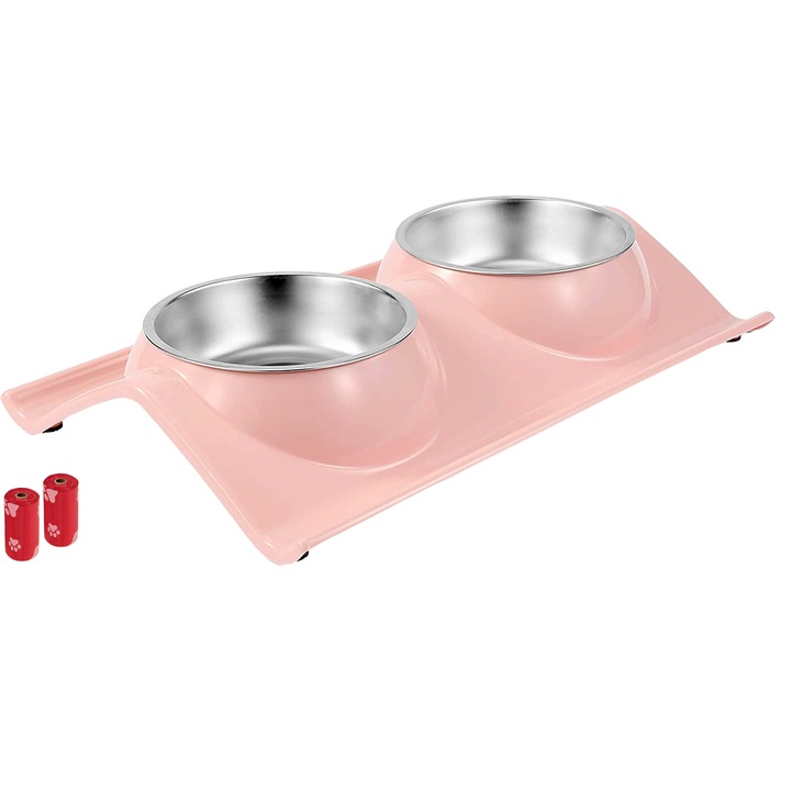 Set Castron Hranire cu 2 Boluri de Inox FizioTab® si 2 Pungi Igienice – Roz