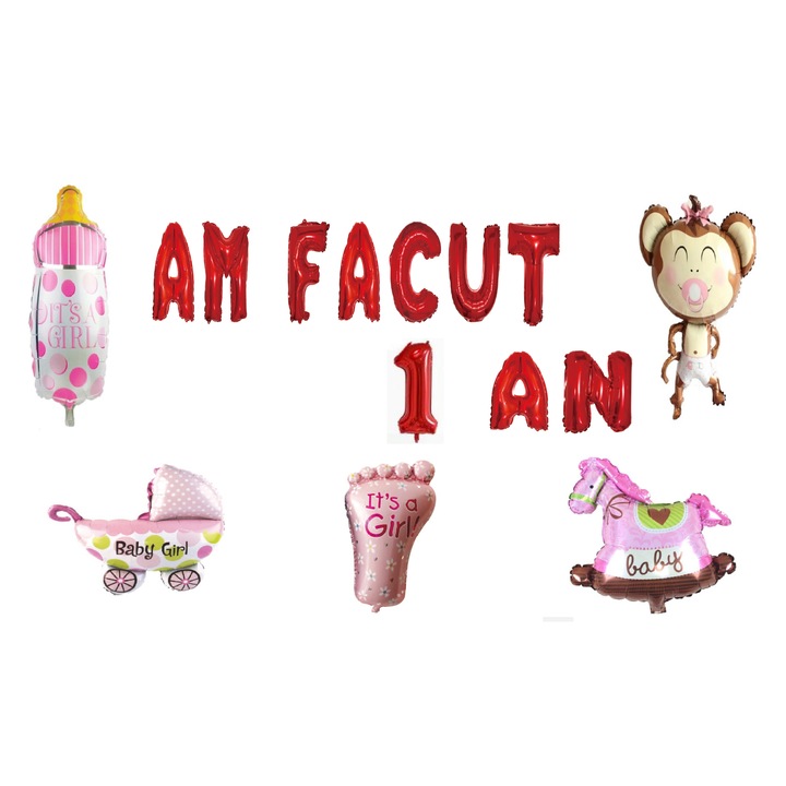 1 éves születésnapi lufi szett, 1 éves vagyok, piros, kislányoknak, 15 db