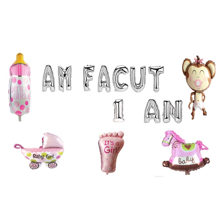 1 éves születésnapi lufi készlet, 1 éves vagyok, ezüst, lányoknak, 15 darab