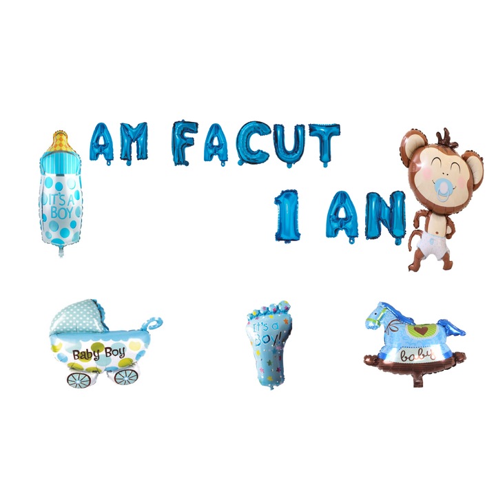 OEM Am Facut 1an Születésnapi lufi szett, 15 db, fiúknak, "1 éves lettem" román nyelven, kék