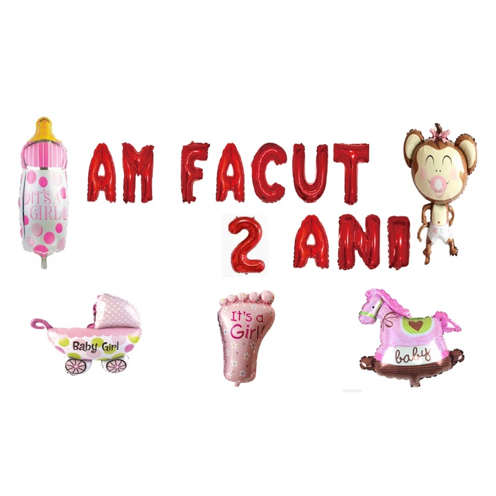 2 éves szülinapi lufi szett, 2 éves lettem, piros, lányoknak, 16 db