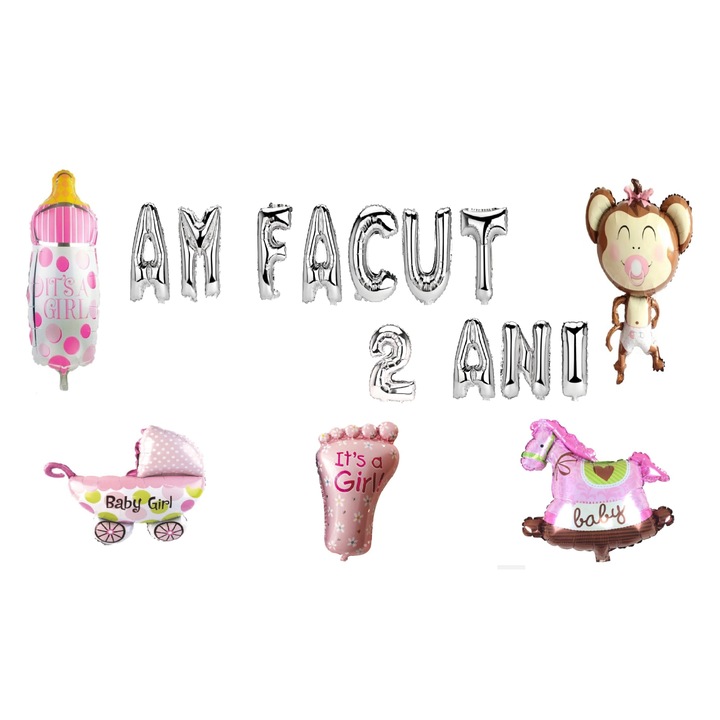 2 éves szülinapi lufi szett, 2 éves lettem, ezüst, lánynak, 16 db