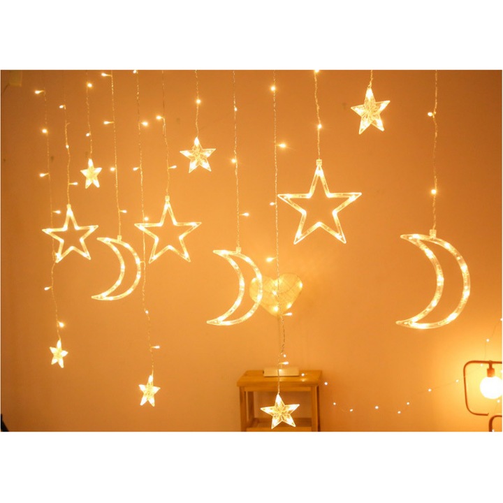 Instalatie craciun, Shop Like A Pro®, perdea luminoasa luna si stele, 3m, 12 figurine, alb cald