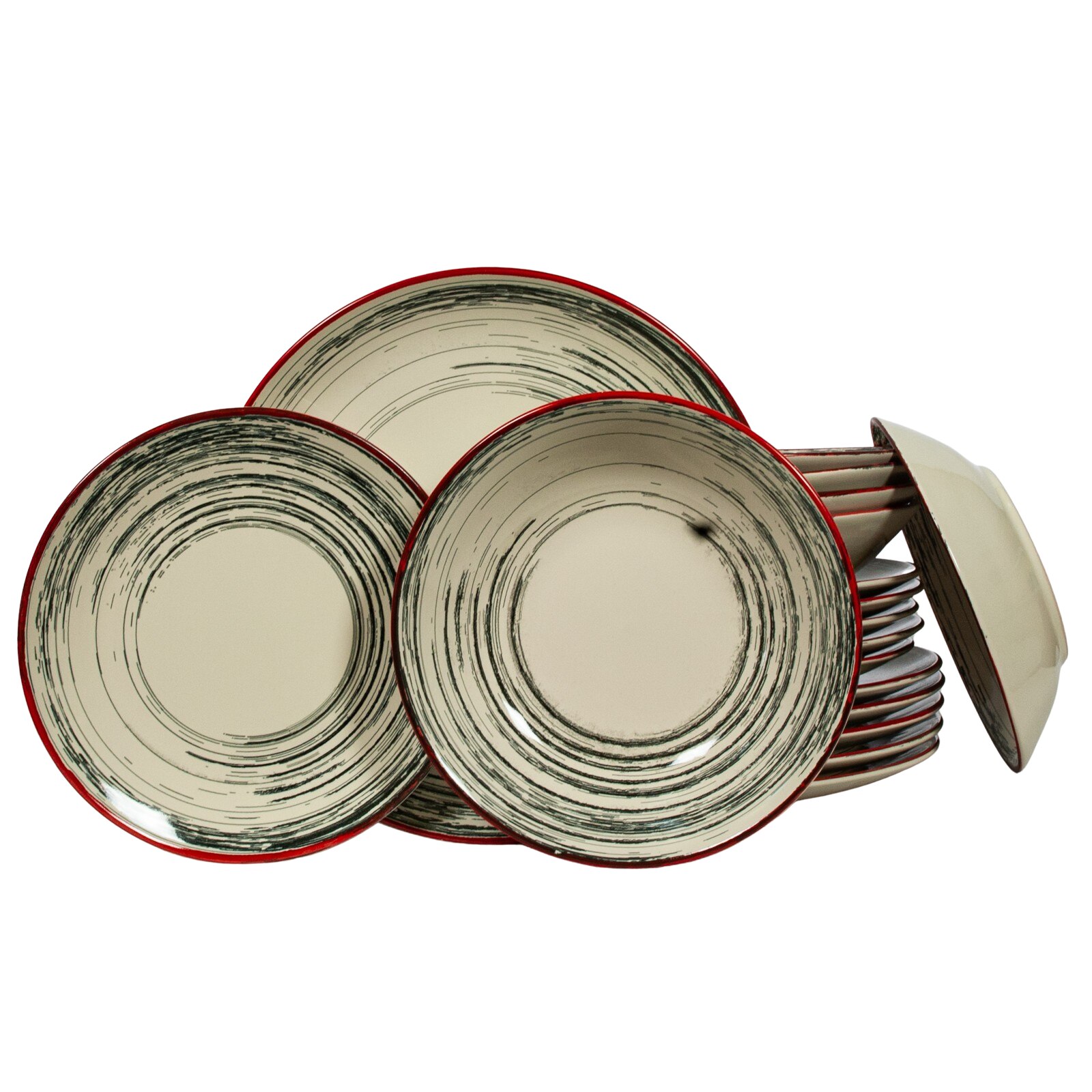 Set Complet Serviciu De Masa, Mistery Red, 18 piese, Cesiro, Crem cu Cercuri intrerupte si linie rosie