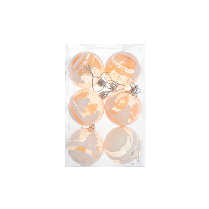 OEM 6 db-os karácsonyi golyó készlet, Fehér - Narancs, 6 cm, Műanyag
