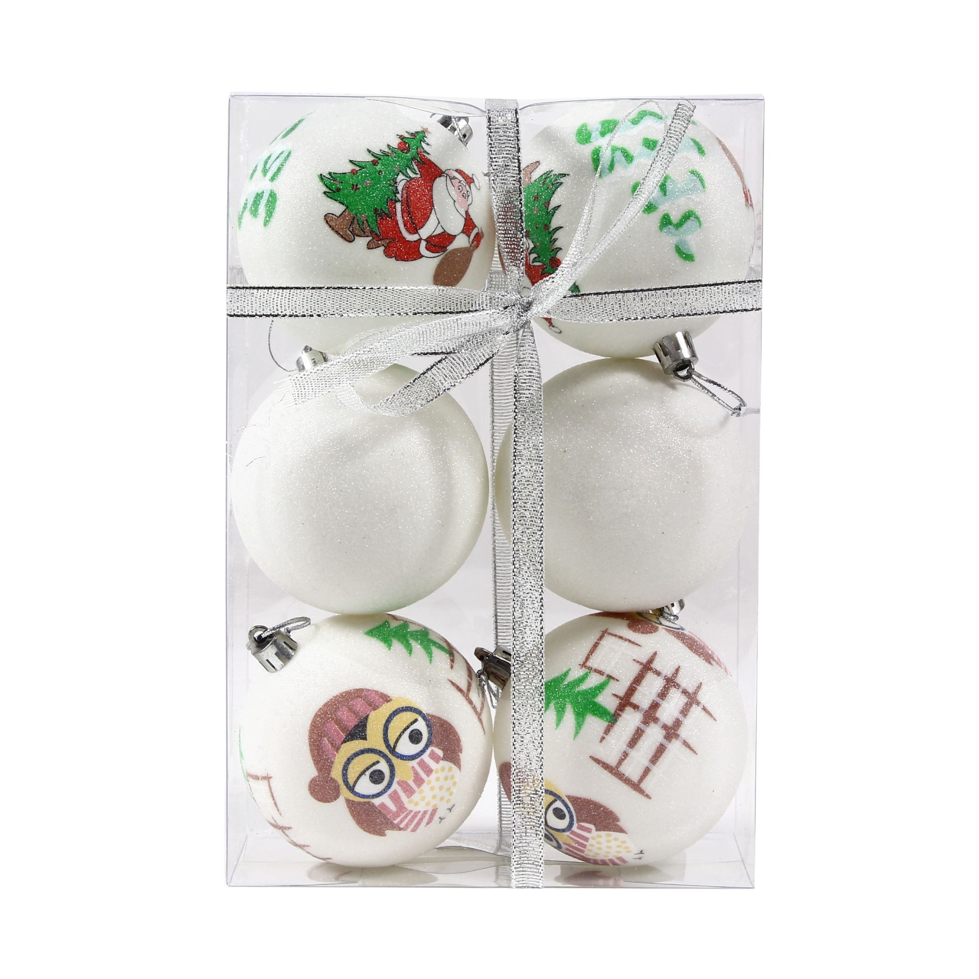 Set globuri de Craciun, 6 bucati, Alb cu model, Diametru 8 cm