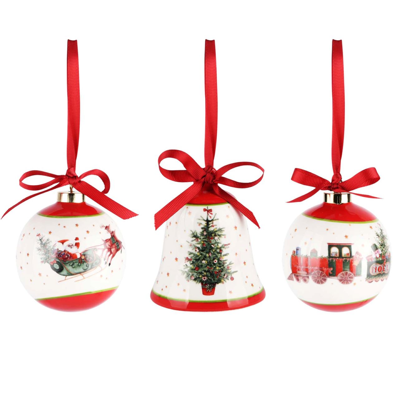 Set 3 globuri brad, ceramica, alb, rosu, 8 x 8 x 10 cm A205142