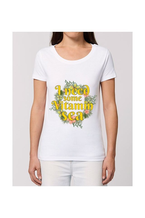 Tricou femei, Casual, Printado, i need some vitamin sea, Bumbac, Regular fit, Alb, S INTL