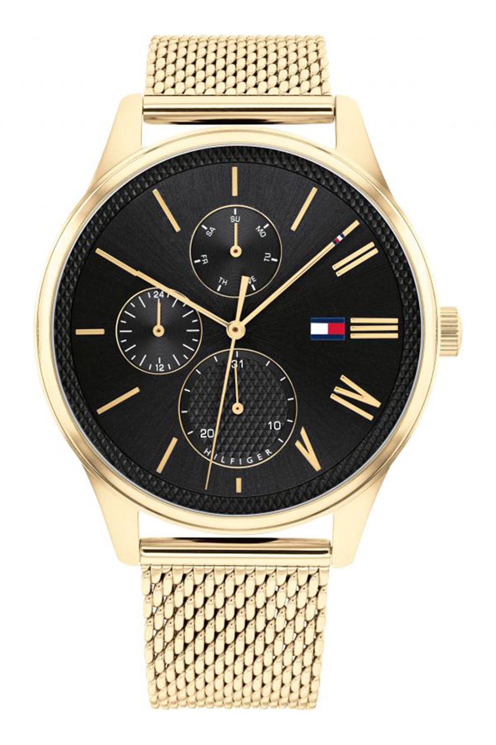 Tommy Hilfiger, Ceas din otel inoxidabil cu bratara cu model plasa, Negru/Auriu