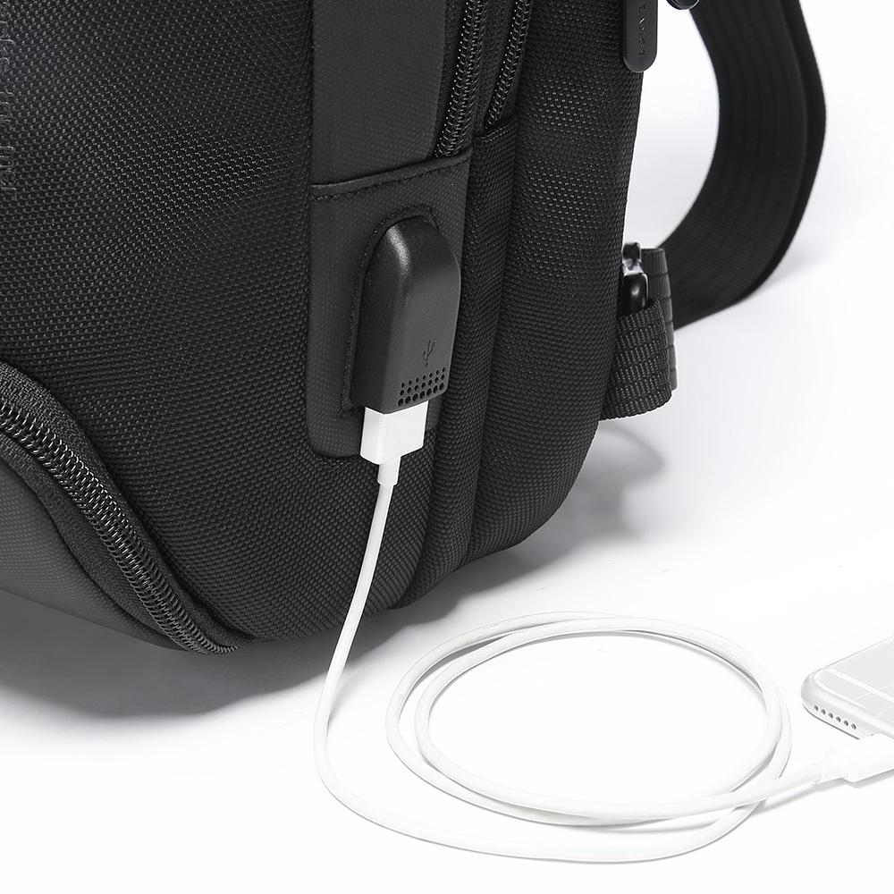 Rucsac crossbody/de umar casual, impermeabil, multifunctional, antifurt, cu port de incarcare USB, Bange, Negru