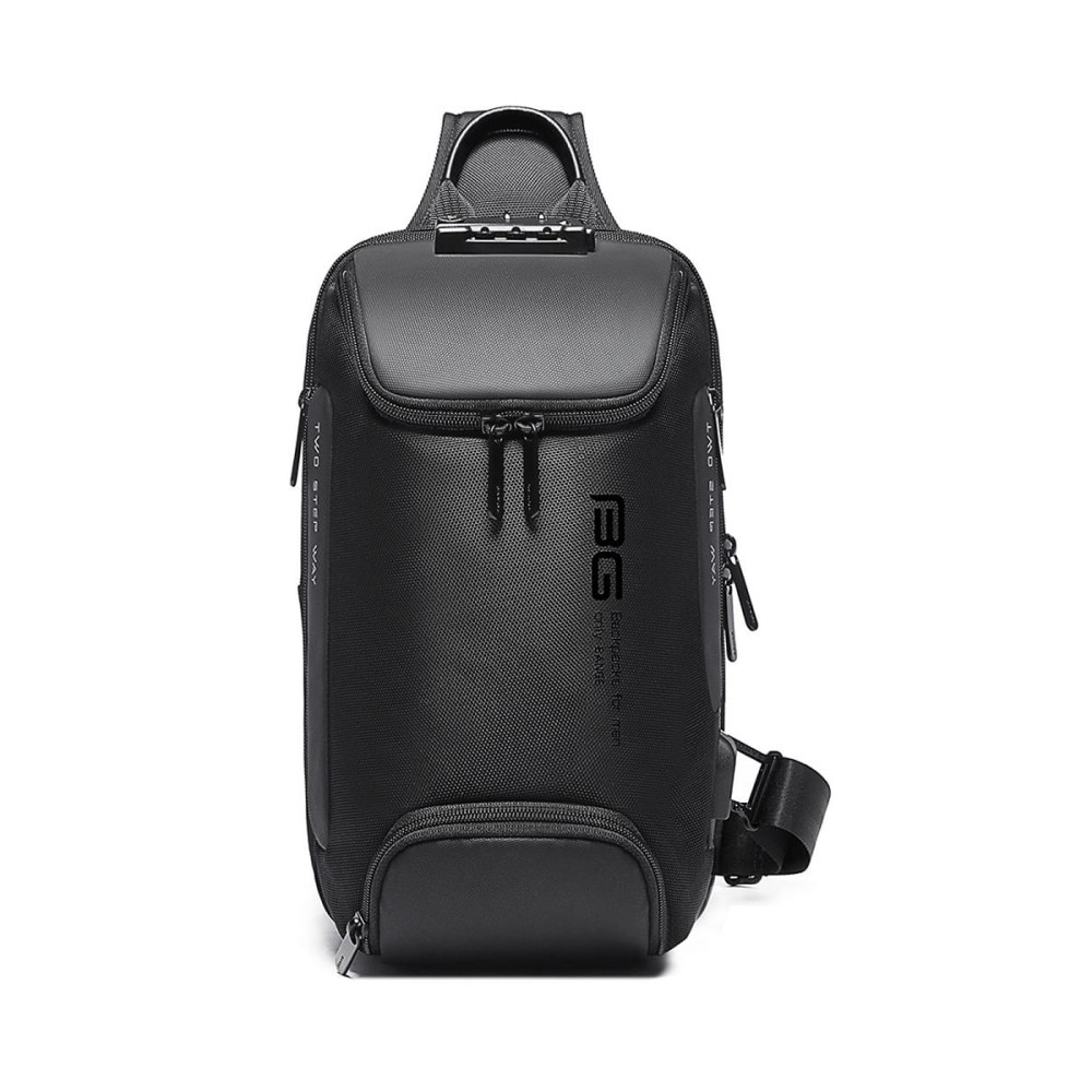 Rucsac crossbody/de umar casual, impermeabil, multifunctional, antifurt, cu port de incarcare USB, Bange, Negru