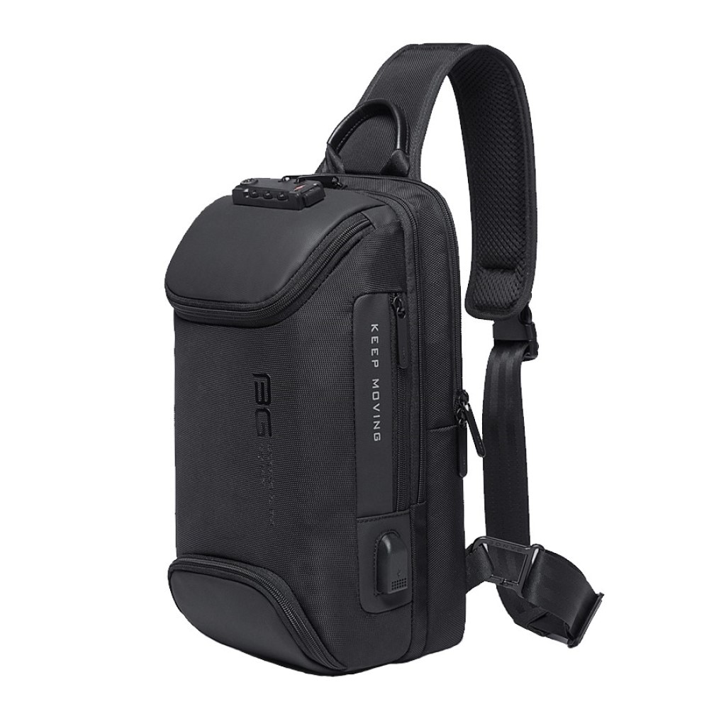 Rucsac crossbody/de umar casual, impermeabil, multifunctional, antifurt, cu port de incarcare USB, Bange, Negru