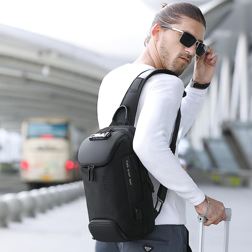 Rucsac crossbody/de umar casual, impermeabil, multifunctional, antifurt, cu port de incarcare USB, Bange, Negru