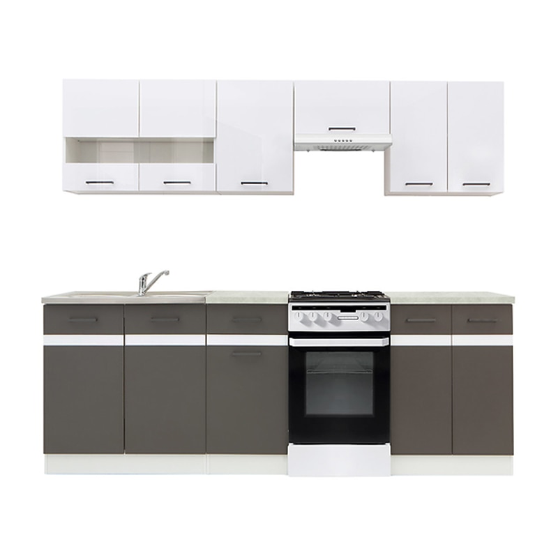 Set Bucatarie Genarom Junona A 240, cu Hota, Baterie si Chiuveta, Alb / Gri Wolfram, 240 x 195,5 x 60 cm