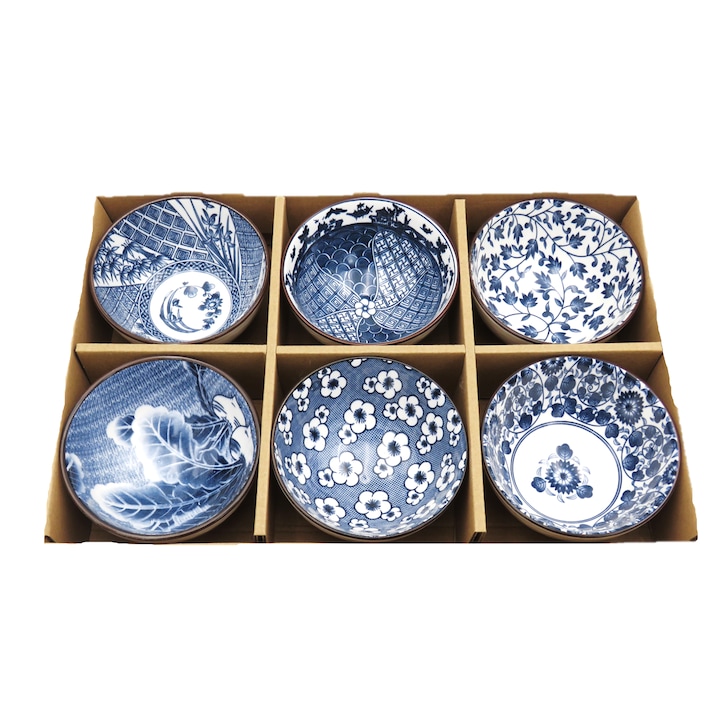 Set format din 6 boluri, ceramica, Model Floral, Albastru, 6 x 10,5cm