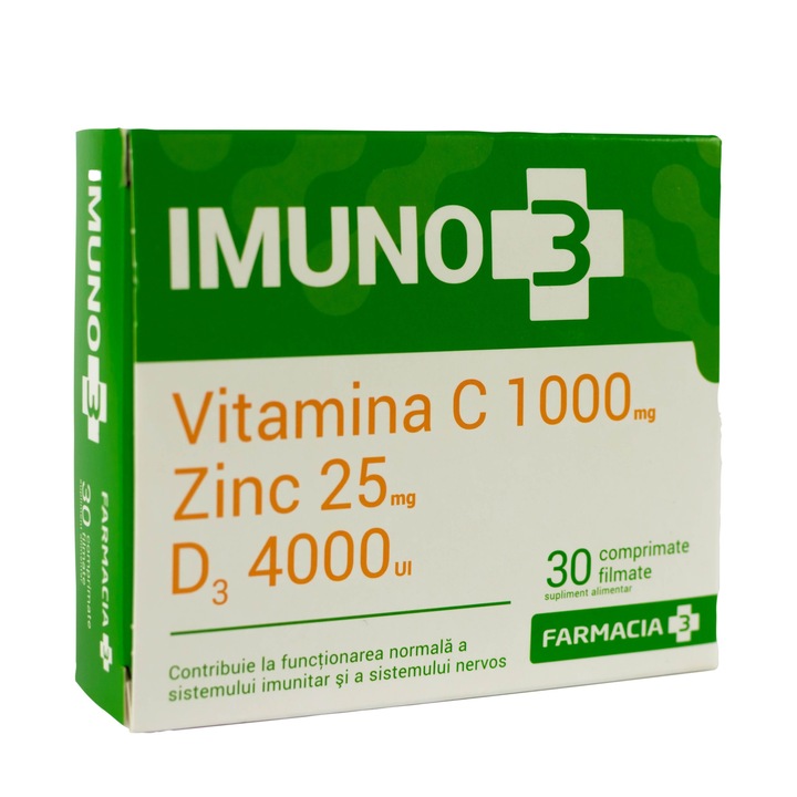 Supliment alimentar Imuno 3, Vitamina C 1000 mg + Zinc 25 mg + D3 4000 UI, 30 comprimate filmate