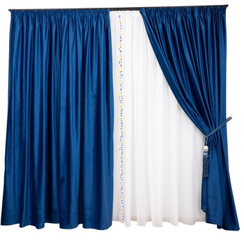 SET 4 piese ,draperii Hiko COMFY catifea albastru royal 2x140x245cm si Perdele Ana voal alb cu pom pom 2x150x245cm, cu rejansa SET 4 piese ,draperii Hiko COMFY catifea albastru royal 2x140x245cm si Perdele Ana voal alb cu pom pom 2x150x245cm, cu rejansa
