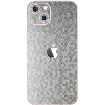 Folie Protectie Carbon Skinz pentru Apple iPhone 13 - Honeycomb Argintiu Silver Simple Cut, Skin Adeziv Full Body Cover pentru Carcasa Spate