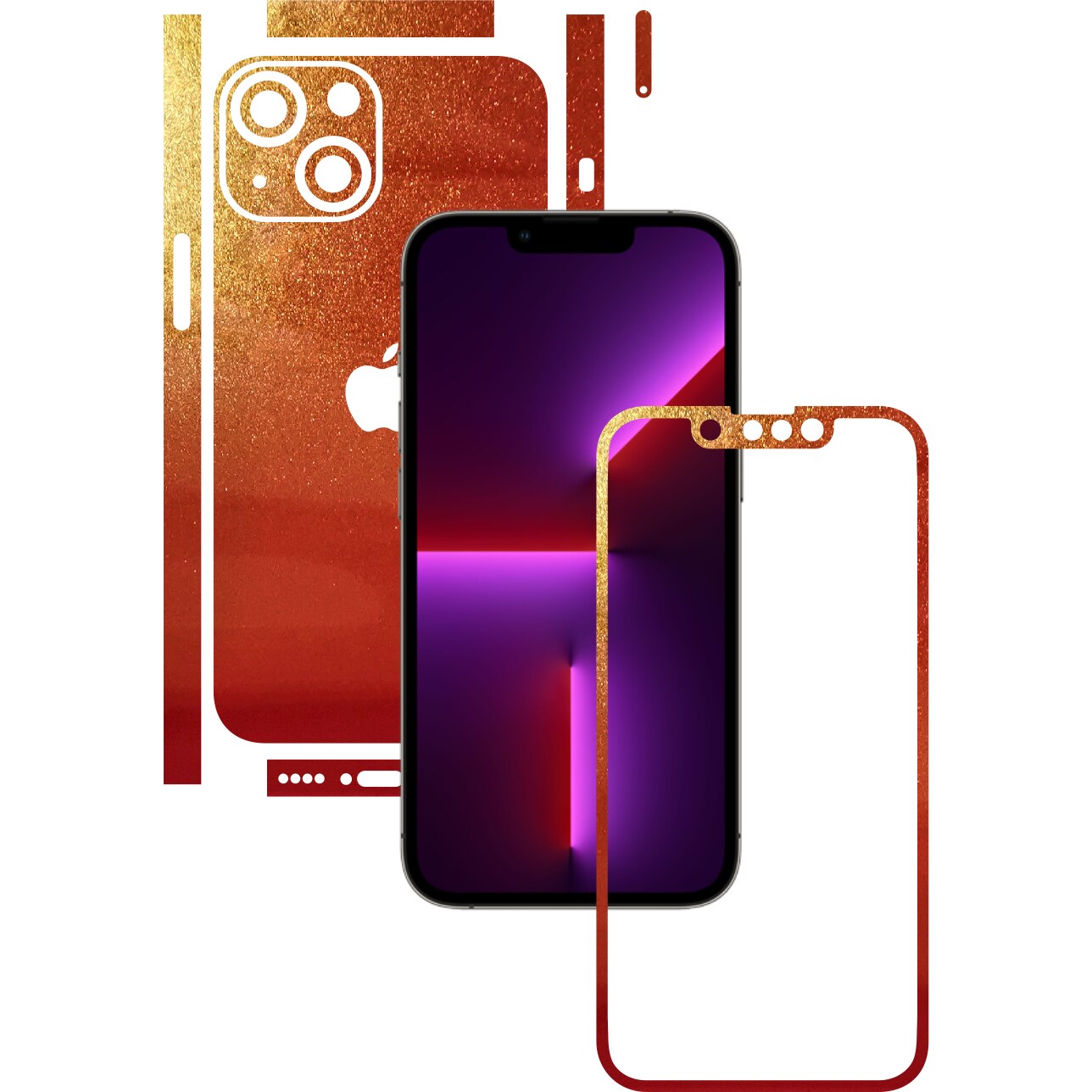 Folie Protectie Carbon Skinz pentru Apple iPhone 13 Mini - Color Shift Sunset Split Cut, Skin Adeziv Full Body Cover pentru Rama Ecran, Carcasa Spate si Laterale