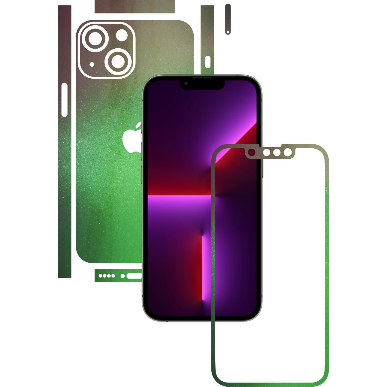 Folie Protectie Carbon Skinz pentru Apple iPhone 13 Mini - Color Shift Avocado Split Cut, Skin Adeziv Full Body Cover pentru Rama Ecran, Carcasa Spate si Laterale