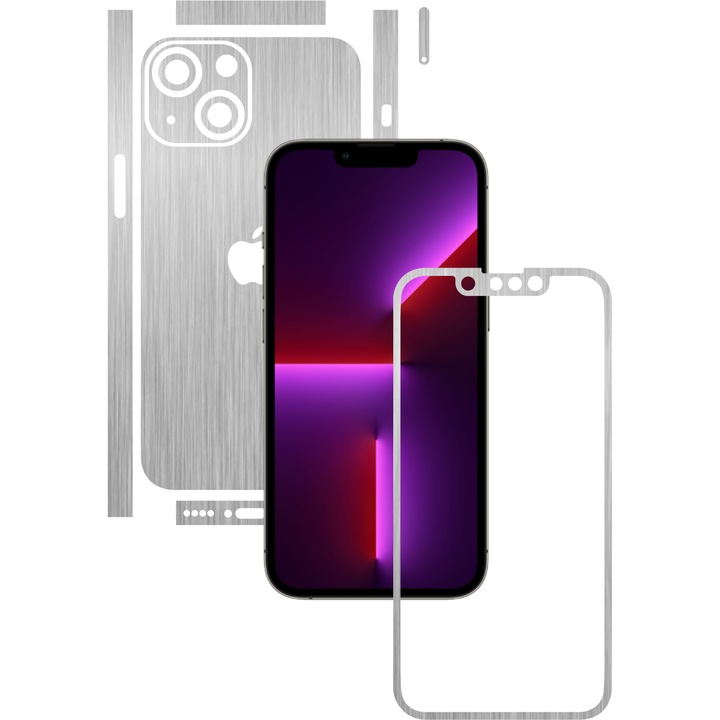 Folie Protectie Carbon Skinz pentru Apple iPhone 13 Mini - Brushed Argintiu Split Cut, Skin Adeziv Full Body Cover pentru Rama Ecran, Carcasa Spate si Laterale