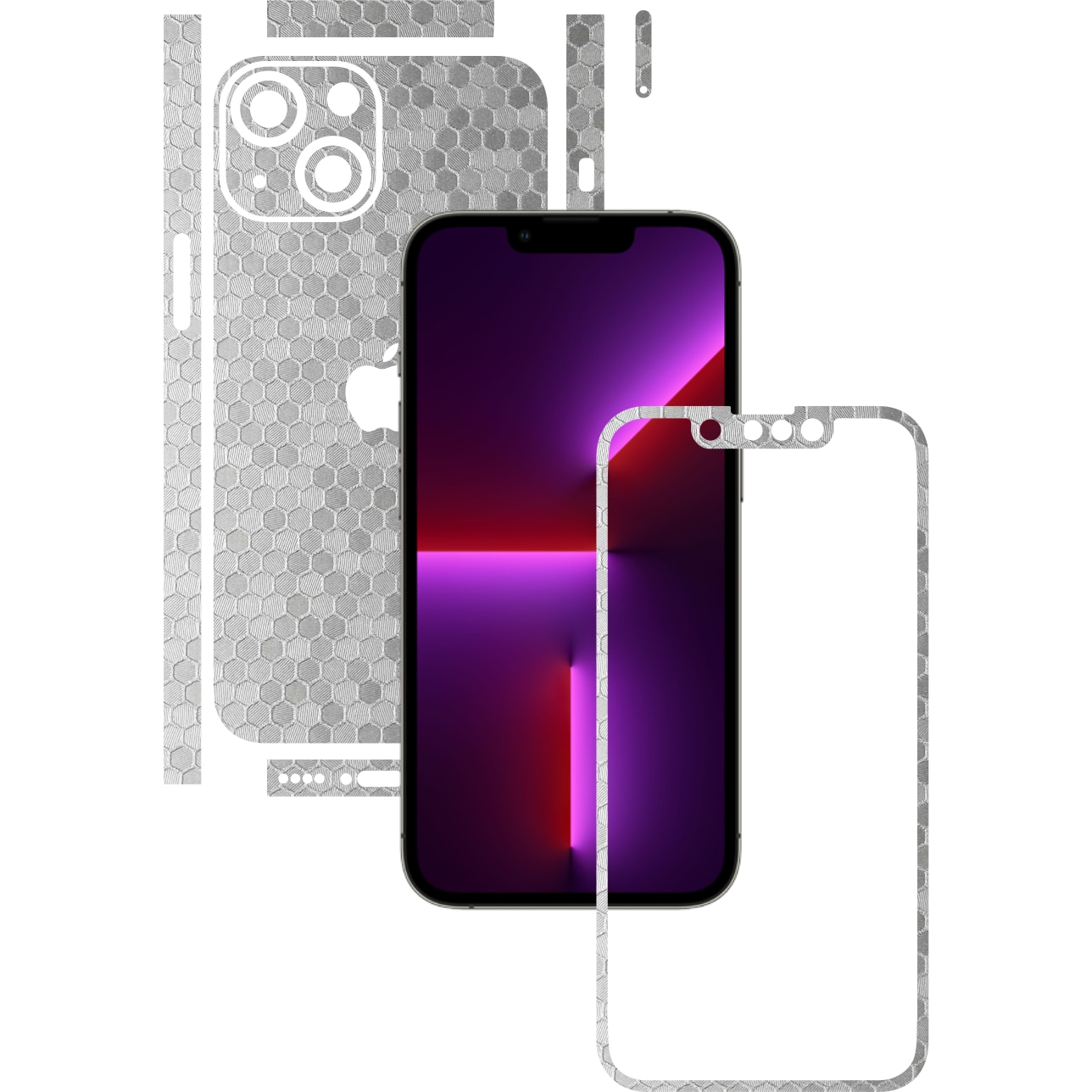 Folie Protectie Carbon Skinz pentru Apple iPhone 13 - Honeycomb Argintiu Silver Split Cut, Skin Adeziv Full Body Cover pentru Rama Ecran, Carcasa Spate si Laterale