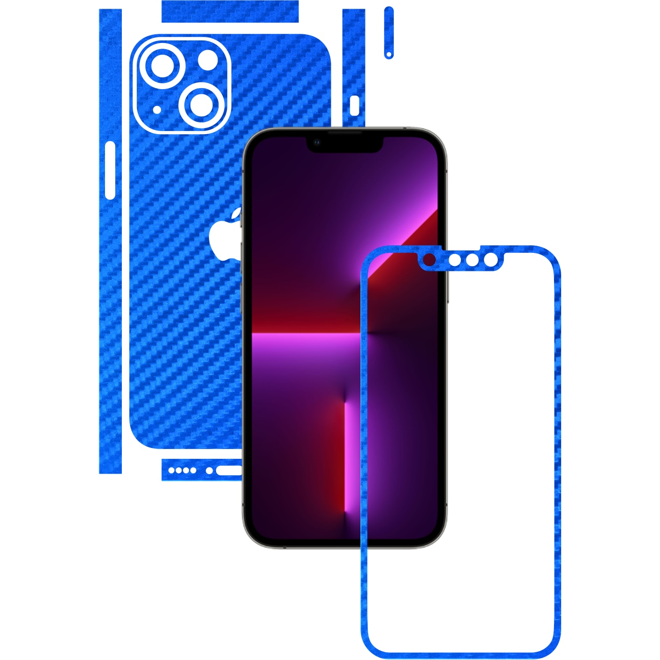 Folie Protectie Carbon Skinz pentru Apple iPhone 13 - Carbon Albastru Split Cut, Skin Adeziv Full Body Cover pentru Rama Ecran, Carcasa Spate si Laterale