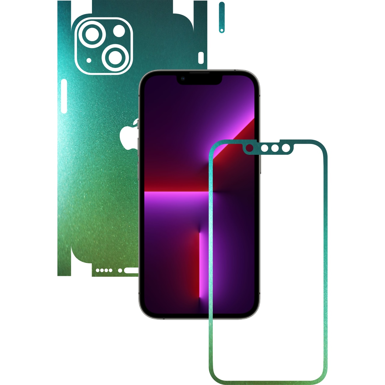 Folie Protectie Carbon Skinz pentru Apple iPhone 13 - Color Shift Aquamarine 360 Cut, Skin Adeziv Full Body Cover pentru Rama Ecran, Carcasa Spate si Laterale