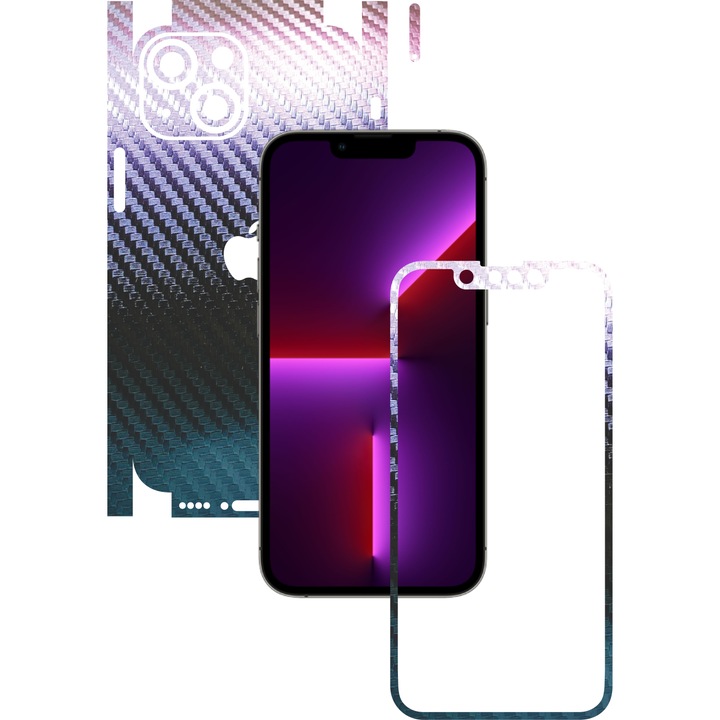 Folie Protectie Carbon Skinz pentru Apple iPhone 13 Mini - Carbon Cameleon 360 Cut, Skin Adeziv Full Body Cover pentru Rama Ecran, Carcasa Spate si Laterale